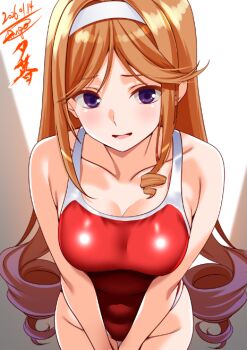 1girl breasts collarbone commentary_request competition_school_swimsuit competition_swimsuit dated day drill_hair engo_(aquawatery) gradient_hair hairband indoors kantai_collection long_hair looking_at_viewer medium_breasts multicolored_hair one-piece_swimsuit orange_hair purple_eyes purple_hair red_one-piece_swimsuit school_swimsuit signature solo swimsuit yuugure_(kancolle)