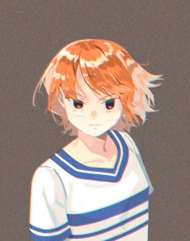 1girl absurdres brown_eyes collarbone crying crying_with_eyes_open floating_hair grey_background highres looking_at_viewer n_oyes_o nami_(one_piece) nami_(one_piece)_(east_blue) one_piece orange_hair shirt short_hair solo static striped_clothes striped_shirt tears upper_body