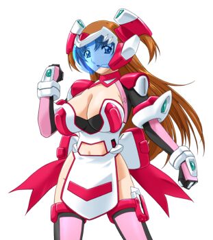 1girl armor blue_eyes breasts brown_hair cleavage clothing_cutout elbow_gloves game_cg gan-chan_(artist) gloves headgear helmet hitozuma_sentai_aisaiger large_breasts large_variant_set long_hair magical_girl morisaki_miku navel navel_cutout no_panties non-web_source official_art open_mouth pelvic_curtain pink_thighhighs saiger_rose solo thighhighs transparent_background two_side_up variant_set