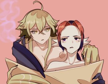 2girls absurdres animal_ears bird_ears black_feathers black_hair blonde_hair breast_rest breasts cigarette claws commentary crossed_bangs english_commentary feather_fingers feathered_wings feathers hair_between_eyes harpy highres holding holding_cigarette holding_map large_breasts long_sidelocks map monster_girl multicolored_hair multiple_girls nipples nude orange_hair original parted_bangs parted_lips pink_background purple_eyes sidelocks simple_background smoke two-tone_hair unreal_fish winged_arms wings yellow_eyes yellow_feathers