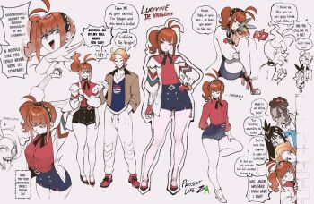 2boys 2girls angry antenna_hair blood breasts commentary english_commentary english_text floating_hair full_body gen_5_pokemon hand_on_own_hip highres jacket lida_(pokemon) looking_at_viewer ludivine_(nyantcha) multiple_boys multiple_expressions multiple_girls naveen_(pokemon) nintendo nyantcha orange_hair original pokemon pokemon_(creature) pokemon_legends:_z-a shirt side_ponytail sketch smile speech_bubble standing tepig urbain_(pokemon)