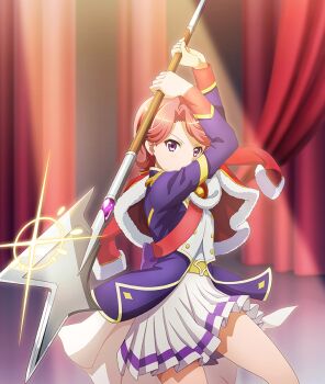 Rule 34 | 1girl, arms up, belt, buttons, covered mouth, cowboy shot, curtains, diffraction spikes, double-breasted, fighting stance, fur-trimmed jacket, fur trim, game cg, glint, halberd, holding, holding polearm, holding weapon, isurugi futaba, jacket, jacket on shoulders, long sleeves, looking at viewer, official art, polearm, purple eyes, purple jacket, red hair, red jacket, short hair, shoujo kageki revue starlight, skirt, solo, spotlight, stage curtains, third-party source, toji no miko, toji no miko: kizamishi issen no tomoshibi, weapon, white skirt, yellow belt