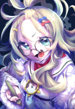 Rule 34 | 1girl, absurdres, bangs pinned back, black-framed eyewear, blonde hair, blue archive, blue background, blue eyes, commentary request, dress, glasses, highres, holding, holding pen, long hair, looking at viewer, lower teeth only, melanin shikiso, meru (blue archive), open mouth, pen, sailor dress, smile, solo, teeth, tongue, upper body, white dress