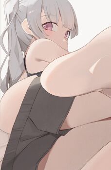 1girl barefoot black_bra black_shorts blunt_bangs bra grey_hair highres hiroki_(yyqw7151) looking_at_viewer original panties pink_eyes shorts soles solo underwear white_panties