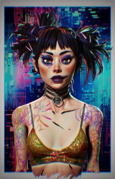 1girl 3d absurdres artist_request black_hair bodypaint character_request highres jewelry lips love_death_+_robots makeup necklace netflix twintails