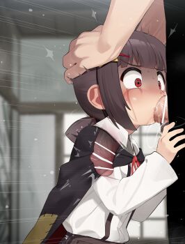 1boy 1girl absurdres age_difference bar_censor brown_hair brown_skirt cape censored collared_shirt confused fellatio hair_ornament hetero highres komekko kono_subarashii_sekai_ni_shukufuku_wo! large_penis large_variant_set loli long_sleeves medium_hair mizumizuni oral penis pleated_skirt red_eyes saliva saliva_trail shirt sidelocks skirt standing standing_fellatio star_(symbol) star_hair_ornament symbol-shaped_pupils tongue tongue_out variant_set white_shirt