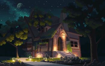 animated animated_gif fireflies lantern moon night night_sky no_humans original outdoors pixel_art scenery setamo_map shooting_star sky stairs star_(sky) starry_sky stone_walkway tree