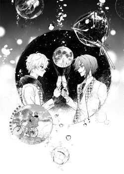 2boys air_bubble artist_name bicycle bicycle_basket blazer blue_lock bubble candy candy_apple champagne_flute chinese_commentary closed_mouth commentary_request cup doran_(doran7280) drink drinking_glass expressionless eye_contact food food_packaging bad_tag from_side gift_art greyscale hakuho_high_school_uniform high_contrast highres holding holding_cup holding_drink hood hood_down hoodie houndstooth jacket lapels long_sleeves looking_at_another male_focus mikage_reo monochrome multiple_boys multiple_riders nagi_seishirou necktie notched_lapels open_mouth pillion profile riding riding_bicycle school_emblem school_uniform screentones short_hair thick_eyebrows toasting_(gesture) very_short_hair winter_uniform wrapped_candy