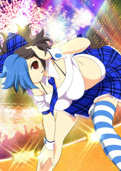 1girl aerial_fireworks audience black_hair blue_bow blue_hair blue_necktie blue_skirt bow bra breasts cleavage crop_top english_text fireworks hair_bow hair_over_one_eye large_breasts multicolored_hair necktie night night_sky official_art plaid_bow plaid_clothes plaid_necktie plaid_skirt red_eyes sakyou_(senran_kagura) senran_kagura senran_kagura_new_wave shirt short_hair single_thighhigh skirt sky solo stadium striped_clothes striped_thighhighs thighhighs two-tone_hair underwear white_shirt wrist_cuffs