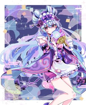 Rule 34 | 1girl, apron, aqua hair, commentary request, detached sleeves, feet out of frame, frilled hairband, frilled sleeves, frills, genshin impact, hairband, hand fan, heart, holding, holding fan, japanese clothes, kimono, long hair, looking at viewer, nihongami, pink eyes, pointy ears, short kimono, solo, sparkle, tail, tapir tail, waist apron, wide sleeves, yumemizuki mizuki, yuyu (spika)