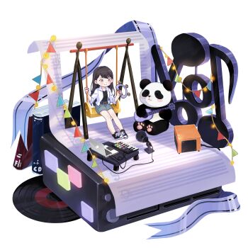 Rule 34 | 1girl, absurdres, bang dream!, bang dream! it's mygo!!!!!, beiji qi, belt, black hair, black shirt, blue skirt, book, brown belt, chinese commentary, commentary, commentary request, commission, computer, diorama, english commentary, guitar, highres, instrument, jacket, laptop, long hair, microphone, mole, mole under eye, musical note, open clothes, open jacket, panda, pop filter, purple eyes, second-party source, shiina taki, shirt, skirt, solo, swing, synthesizer, vinyl record, white jacket