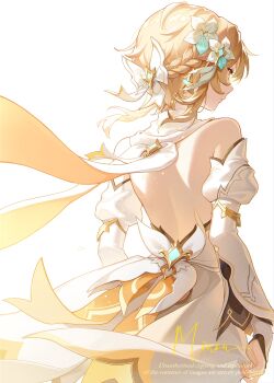 1girl absurdres backless_dress backless_outfit bare_shoulders blonde_hair closed_mouth detached_sleeves dress flower from_behind genshin_impact hashtag-only_commentary highres looking_ahead lumine_(as_heaven_and_earth_are_made_anew)_(genshin_impact) lumine_(genshin_impact) minzu_u official_alternate_costume scarf short_hair_with_long_locks simple_background solo white_background white_dress white_flower white_scarf white_sleeves yellow_eyes