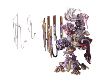 1girl alternate_hair_length alternate_hairstyle armrest black_thighhighs breasts chair cleavage command_&amp;_conquer command_&amp;_conquer:_red_alert command_&amp;_conquer:_red_alert_2 double-parted_bangs dress fake_horns floating floating_hair full_body fur-trimmed_dress fur_trim gorget grey_dress highres horns knees libra_(mental_omega) light_smile long_hair long_sidelocks machine machinery mental_omega_(mod) mys_sk nose purple_liquid red_eyes sidelocks sitting_on_throne small_breasts solo thighhighs thighs unfinished white_background white_hair zettai_ryouiki