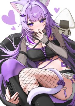 1girl absurdres ahoge animal_ear_fluff animal_ears asymmetrical_legwear blush breasts cat_ears cat_girl cat_tail choker cleavage clothing_cutout collarbone commentary_request crop_top finger_in_own_mouth hair_between_eyes heart_cutout highres hololive large_breasts long_hair long_sleeves looking_at_viewer momocadraw navel nekomata_okayu nekomata_okayu_(gyaru) official_alternate_costume official_alternate_hair_length official_alternate_hairstyle onigirya_(nekomata_okayu) open_mouth purple_eyes purple_hair scrunchie short_shorts shorts simple_background sitting solo stomach tail torn_clothes torn_shorts uneven_legwear very_long_hair virtual_youtuber white_background white_shorts
