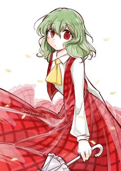 1girl artist_name ascot breasts closed_mouth collared_shirt commentary_request cowboy_shot dot_mouth eyebrows_hidden_by_hair eyelashes falling_petals green_hair hair_between_eyes holding holding_umbrella kazami_yuuka long_skirt long_sleeves looking_at_viewer medium_hair open_clothes open_vest petals pink_umbrella plaid_clothes plaid_skirt plaid_vest raised_eyebrows red_eyes red_vest shirt simple_background skirt small_breasts solo tama_(hiroshige_36) touhou twitter_username umbrella vest watermark white_background white_shirt yellow_ascot