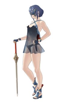 1girl absurdres armpits bare_arms bare_legs bare_shoulders bikini blue_bikini breasts collarbone criss-cross_halter falchion_(fire_emblem) fire_emblem fire_emblem_awakening fire_emblem_heroes full_body halterneck hand_on_own_hip high_heel_sandals high_heels highres holding holding_sword holding_weapon lucina_(fire_emblem) lucina_(summer)_(fire_emblem) marth_(fire_emblem_awakening) mask nintendo official_alternate_costume official_alternate_hairstyle pomelomelon sandals see-through_clothes small_breasts solo swimsuit sword weapon white_background