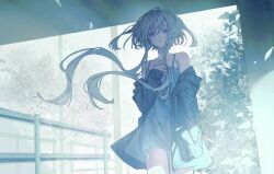 Rule 34 | 1girl, bare shoulders, cg gs6, collarbone, cowboy shot, dress, es (es p riti), floating hair, grey dress, grey hair, hair between eyes, hand on own chest, hand up, highres, indie utaite, jacket, long sleeves, looking afar, looking at viewer, off shoulder, open clothes, open jacket, outdoors, parted lips, pillar, plant, purple eyes, railing, short hair with long locks, sidelocks, sleeveless, sleeveless dress, sleeves past wrists, solo, spaghetti strap, standing, wind
