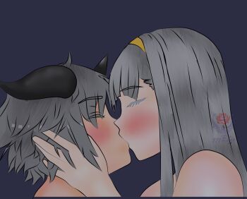 1boy 1girl 777edge aegiomon blush closed_eyes couple digimon digimon_(creature) digimon_story:_time_stranger kiss long_hair misono_inori