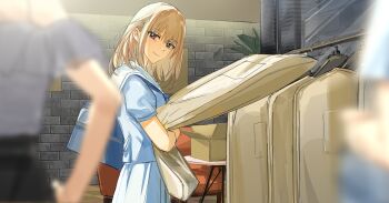 2girls absurdres bag bang_dream! bang_dream!_it's_mygo!!!!! blonde_hair blue_bag blue_sailor_collar blue_shirt blurry box cardboard_box clothes_hanger commentary depth_of_field grey_shirt highres hugging_object indoors looking_at_viewer medium_hair misumi_uika multiple_girls purple_eyes sailor_collar shirt short_sleeves shoulder_bag skirt tearing_up white_sailor_collar white_skirt xinyi6239222644 yuutenji_nyamu