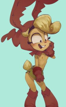 1girl animal_hat black_eyes blonde_hair blue_background blush boots breasts brown_boots brown_gloves brown_hat buck_teeth colored_skin conoghi dorkha furry gloves green_skirt hand_on_own_cheek hand_on_own_face hat jester jester_cap loli looking_down nipples open_mouth orange_skin rabbit_ears rabbit_girl rabbit_hat rabbit_tail short_hair skirt small_breasts smile standing teeth topless_female trials_for_miles