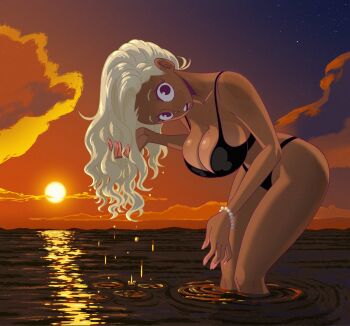 1girl bent_over bikini black_bikini blonde_hair blush bracelet breasts cleavage cloud collarbone dark_skin jewelry large_breasts leaning_forward long_hair looking_at_viewer mole mole_on_breast night night_sky ocean open_mouth orange_sky original podrace_explode purple_eyes sky standing star_(sky) starry_sky sun sunset swimsuit teeth wading water wet wet_hair
