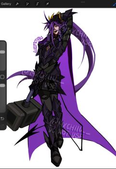 Rule 34 | 1boy, androgynous, animification, armor, art program in frame, black boots, black gloves, black pants, black sclera, boots, cape, character name, chinese commentary, colored sclera, commentary request, crown, demon tail, full body, gloves, hammer, highres, holding, holding hammer, horns, humanization, long hair, looking at viewer, male focus, minecraft youtube, mxchiiu, pants, ponytail, purple cape, purple hair, simple background, single horn, solo, standing, tail, unstable universe, very long hair, watermark, wemmbu, white background