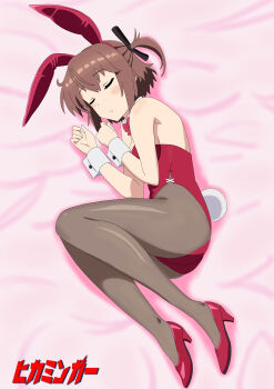 Rule 34 | 1girl, absurdres, animal ear hairband, animal ears, artist name, bow, bowtie, breasts, brown hair, brown pantyhose, closed eyes, detached collar, etou kanami, fake animal ears, fetal position, full body, hairband, highres, hikamingaa, leotard, lying, medium breasts, on side, one side up, pantyhose, playboy bunny, rabbit ears, rabbit tail, red bow, red bowtie, red leotard, short hair, sleeping, solo, strapless, strapless leotard, tail, toji no miko, wrist cuffs