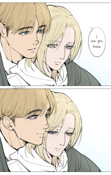 1boy 1girl annie_leonhart armin_arlert blonde_hair blue_eyes collared_shirt couple english_text hair_between_eyes hetero highres hood hood_down hoodie hug hug_from_behind jorlerx light_smile medium_hair parted_bangs parted_lips shingeki_no_kyojin shirt short_hair upper_body white_background white_hoodie white_shirt