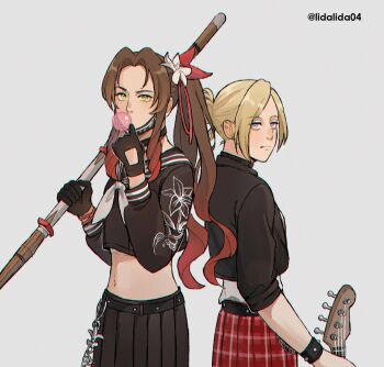 Rule 34 | 2girls, aerith gainsborough, aerith gainsborough (midgard seventh high school), annie leonhart, back-to-back, bandaged chest, belt, black choker, black gloves, black jacket, black mask, black sailor collar, black shirt, black skirt, blonde hair, blowing bubble gum, blowing bubbles, blue eyes, bracelet, breasts, brown hair, chewing gum, choker, colored tips, cowboy shot, crop top, cropped jacket, crossover, delinquent, final fantasy, final fantasy vii, final fantasy vii: ever crisis, flower, furrowed brow, gloves, green eyes, grey background, guitar, hair flower, hair ornament, hair ribbon, highres, holding, holding guitar, holding instrument, holding staff, instrument, jacket, jewelry, leather, leather jacket, lida (lidalida04), long hair, mask, mask pull, medium breasts, midriff, mouth mask, multicolored hair, multiple girls, navel, neckerchief, official alternate costume, parted bangs, plaid clothes, plaid skirt, pleated skirt, ponytail, red hair, red ribbon, red skirt, ribbon, sailor collar, shingeki no kyojin, shingeki no school castes, shirt, short hair, sidelocks, skirt, staff, studded belt, studded bracelet, sukeban, twitter username, updo, white flower, white neckerchief, white shirt