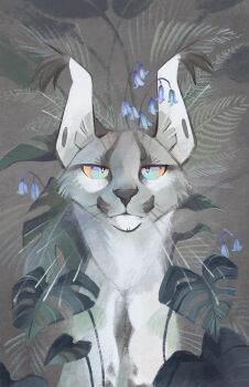 animal animal_focus aqua_eyes artist_self-insert blue_flower bluebell_(flower) caracal colored_sclera commentary ear_tufts finchwing finchwing_(character) flower grey_fur highres leaf looking_at_viewer no_humans original symbol-only_commentary upper_body whiskers yellow_sclera