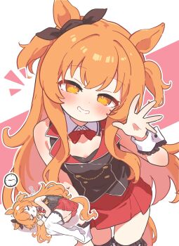 1girl animal_ears black_vest blush bow bowtie breasts brown_ribbon bunny_garden buttons chibi clock closed_eyes collared_vest colored_lapels commentary cosplay cowboy_shot detached_collar double-breasted ear_ribbon frilled_thighhighs frills full_body grin highres horse_ears horse_girl horse_tail hostess kana_(bunny_garden) kana_(bunny_garden)_(cosplay) lapels long_hair looking_at_viewer mayano_top_gun_(umamusume) nontraditional_playboy_bunny open_mouth orange_eyes orange_hair orange_tail outline red_background red_bow red_bowtie red_skirt ribbon rotasu_(rotasqqfv) shirt skirt sleeping small_breasts smile solo tail thighhighs two-tone_background two_side_up umamusume vest wall_clock waving white_background white_outline white_wrist_cuffs wrist_cuffs