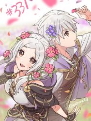 Rule 34 | 1boy, 1girl, brown eyes, cherry blossoms, fire emblem, fire emblem awakening, fire emblem heroes, flower, from above, grey hair, hair flower, hair ornament, highres, juria0801, looking up, nintendo, official alternate costume, open mouth, robin (female) (fire emblem), robin (female) (valentine) (fire emblem), robin (fire emblem), robin (male) (fire emblem), robin (male) (valentine) (fire emblem), smile, twintails, twitter username, upper body