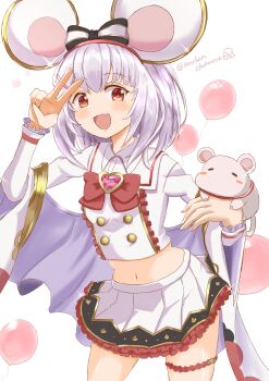 1girl :d absurdres animal_ears balloon black_bow bow bow_hairband bowtie breasts buttons chokomin collared_shirt contrapposto cowboy_shot crop_top cropped_shirt fake_animal_ears fang frilled_shirt_collar frilled_skirt frilled_sleeves frills granblue_fantasy hair_between_eyes hairband hand_to_head hands_up highres leaning_forward light_blush long_sleeves looking_at_viewer medium_hair midriff miniskirt mouse_ears navel open_mouth pleated_skirt red_bow red_bowtie red_eyes red_hairband shirt skin_fang skirt small_breasts smile solo striped_bow thigh_strap v vikala_(granblue_fantasy) white_background white_bow white_hair white_shirt white_skirt