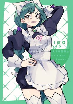 1girl apron arm_behind_head black_romper blunt_bangs bow bowtie braid braided_ponytail commentary_request green_hair hand_on_own_hip highres juliet_sleeves lebanne_(pokemon) long_braid long_hair long_sleeves maid_apron maid_headdress nintendo pink_lips pokemon pokemon_legends:_z-a puffy_sleeves romper sbmst5 solo tsurime white_bow white_bowtie