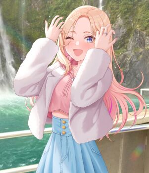 1girl ;d absurdres blonde_hair blue_eyes blue_skirt blush collarbone commentary crop_top fingernails gakuen_idolmaster high-waist_skirt highres idolmaster jacket jewelry juo_sena long_hair long_sleeves looking_at_viewer multicolored_hair one_eye_closed open_clothes open_jacket open_mouth outdoors photo_background pink_hair rainbow ring skirt smile solo streaked_hair sulgi_park two-tone_hair very_long_hair white_jacket