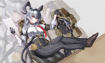 1girl absurdres ahoge arm_pouch black_choker black_gloves black_horns black_pants black_pantyhose breasts button_gap choker commentary crossed_legs curled_horns gloves grey_hair high-waist_pants highres holding holding_paper horns large_breasts looking_at_viewer multicolored_hair necktie no_shoes pants pantyhose paper parted_lips pouch red_eyes red_necktie shield shirt shirt_tucked_in solo streaked_hair white_shirt wish_(wish7101) wuthering_waves zani_(wuthering_waves) zoom_layer