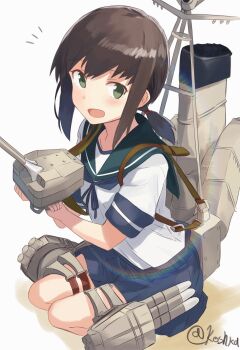 1girl absurdres adapted_turret black_hair blue_neckerchief blue_sailor_collar blue_skirt breasts commentary_request fubuki_(kancolle) grey_eyes highres kantai_collection koshka_pic low_ponytail machinery medium_breasts neckerchief notice_lines pleated_skirt ponytail sailor_collar sailor_shirt school_uniform serafuku shirt skirt smokestack solo torpedo_launcher ventilation_shaft white_shirt