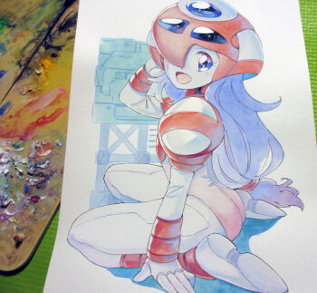 1girl agahari android ass blue_hair blue_skin colored_skin commentary_request compati_hero emmy_(compati_hero) hand_up helmet leotard long_hair looking_at_viewer looking_to_the_side low-tied_long_hair one_eye_covered open_mouth painting_(medium) photo_(medium) pink_leotard sd_hero_soukessen:_taose!_aku_no_gundan shoes sitting smile solo thighs traditional_media very_long_hair wariza white_shoes white_sleeves