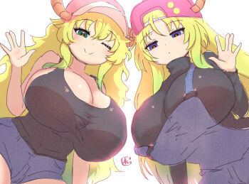 2girls bare_shoulders black_shirt blonde_hair blue_eyes blush breasts cleavage denim denim_overalls denim_shorts dragon_girl dragon_horns gradient_hair green_eyes green_hair hat horns huge_breasts kobayashi-san_chi_no_maidragon long_hair long_sleeves looking_at_viewer lucoa_(maidragon) multicolored_hair multiple_girls one_eye_closed overalls petla petla_(maidragon) quetzalpetlatl reiwa_rerere shirt short_shorts shorts siblings sisters sleeveless sleeveless_shirt smile turtleneck very_long_hair wink