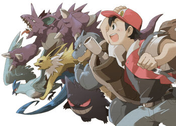 1990s_(style) 1boy articuno baseball_cap black_hair blastoise cannon gen_1_pokemon gengar hat horns jolteon legendary_pokemon momonohito nidoking nintendo pokemon pokemon_(creature) pokemon_rgby red_(pokemon) retro_artstyle