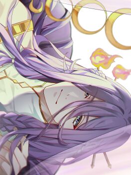 1boy blue_eyes braid first_stage_production hair_between_eyes highres long_hair looking_at_viewer male_focus purple_hair shiki_katagami sideways sly_00 smile solo virtual_youtuber white_background