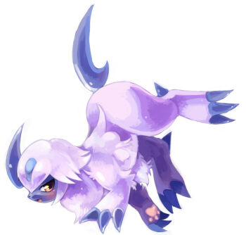 :3 absol animal_focus blush choko_(sweetpocket) claws commentary_request fang full_body gen_3_pokemon looking_at_viewer nintendo no_humans open_mouth painterly pawpads pokemon pokemon_(creature) pokemon_focus red_eyes simple_background smile solo white_background