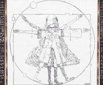 1girl absurdres android blue_eyes boots cevio coat expressionless fine_art_parody hair_over_one_eye high_heel_boots high_heels highres kamitsubaki_studio kavka_jocholove long_hair looking_at_viewer mechabare outstretched_arms parody purple_hair sekai_(cevio) solo spot_color spread_arms very_long_hair vitruvian_man wavy_hair