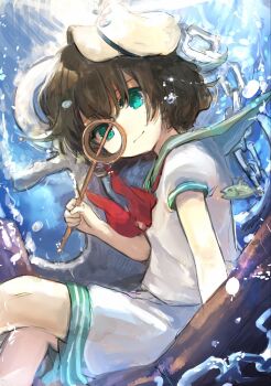 Rule 34 | 1girl, anchor, anchor symbol, aqua eyes, black hair, chain, collared shirt, commentary request, fish, hat, highres, holding, holding ladle, ladle, looking at viewer, mini hat, murasa minamitsu, neckerchief, red neckerchief, shirt, short hair, short sleeves, shorts, shoudoku taishi (taishi), sitting, smile, solo, touhou, water, white hat, white shirt, white shorts