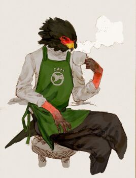 1boy apron bird_boy black_feathers claws commentary_request cropped_legs crossed_legs cup feathers furry furry_male green_apron grey_background grey_shirt hand_up holding holding_cup looking_at_viewer male_focus nagabe orange_eyes original shirt simple_background solo tail