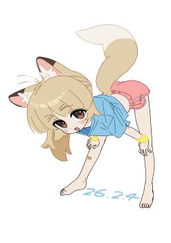 Rule 34 | 1girl, absurdres, animal ears, bandaid, bandaid on knee, bandaid on leg, barefoot, bent over, blonde hair, blush, bouen, fox ears, fox girl, fox tail, full body, highres, looking at viewer, medium hair, nuka-chan, open mouth, original, shorts, smile, solo, tail