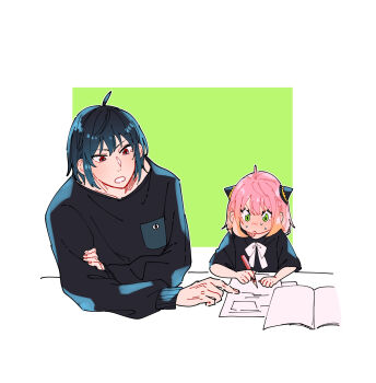 Rule 34 | 1boy, 1girl, :<, anya (spy x family), awarinko, black dress, black hair, black shirt, bow, brown hair, closed mouth, dress, gradient hair, green background, green eyes, hair between eyes, highres, holding, holding pencil, long sleeves, multicolored hair, open mouth, pencil, pink hair, puffy long sleeves, puffy sleeves, red eyes, shirt, short sleeves, spy x family, sweat, two-tone background, upper body, v-shaped eyebrows, white background, white bow, yuri briar