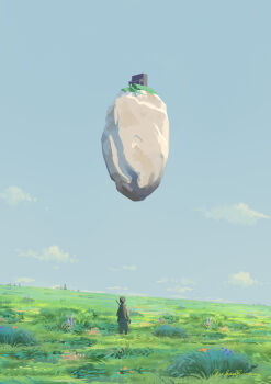 Rule 34 | 1other, commentary request, fantasy, field, floating rock, foliage, grass, highres, horizon, instrument, katou oswaldo, moss, original, piano