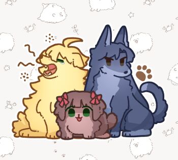 :3 :p amami_haruka animal animal_focus animalization blue_dog bow brown_dog brown_eyes chiwawa174 commentary dog green_eyes hair_bow highres hoshii_miki idolmaster idolmaster_(classic) kisaragi_chihaya looking_at_viewer multiple_hair_bows no_humans open_mouth paw_print red_bow sitting symbol-only_commentary tongue tongue_out yawning yellow_dog