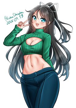 1girl absurdres arms_behind_back black_hair blue_eyes blush breasts cleavage cleavage_cutout clothing_cutout cowboy_shot dated green_sweater hair_between_eyes hair_ribbon highres kantai_collection katou_shinobu katsuragi_(kancolle) long_hair looking_at_viewer navel one-hour_drawing_challenge open_mouth ponytail ribbon simple_background small_breasts smile solo stomach sweater twitter_username v white_background white_ribbon